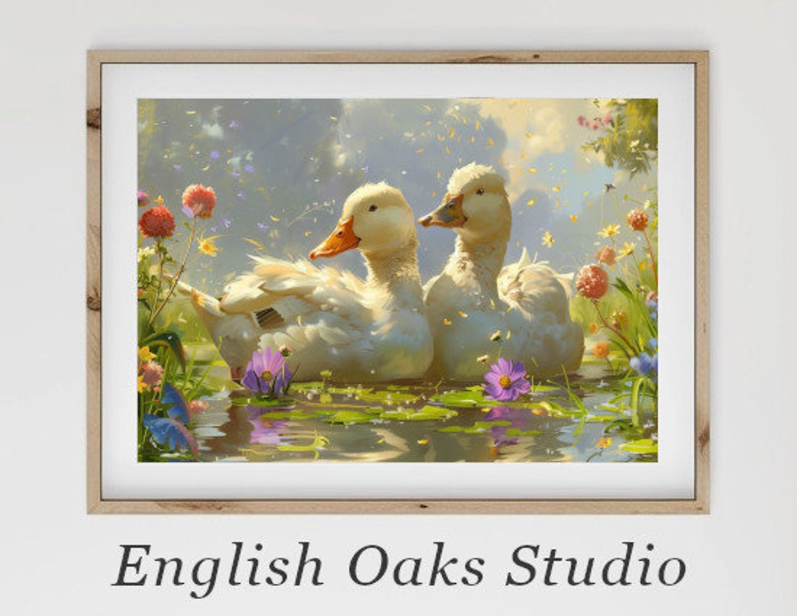 Two White Ducks in a Spring Pond Watercolor Fine Bloom Wall Art