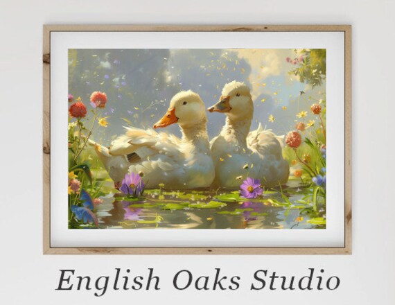 Two White Ducks in a Spring Pond Watercolor Fine Bloom Wall Art