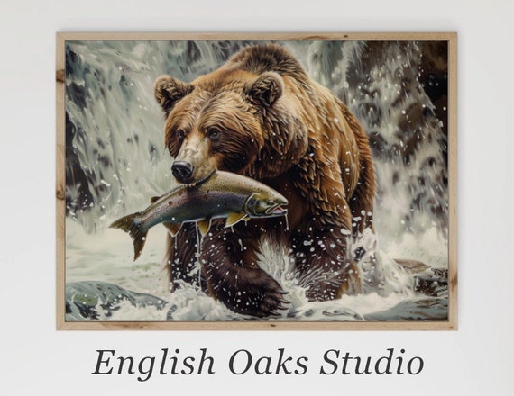 Vintage Brown Bear Salmon River Watercolor Art Print