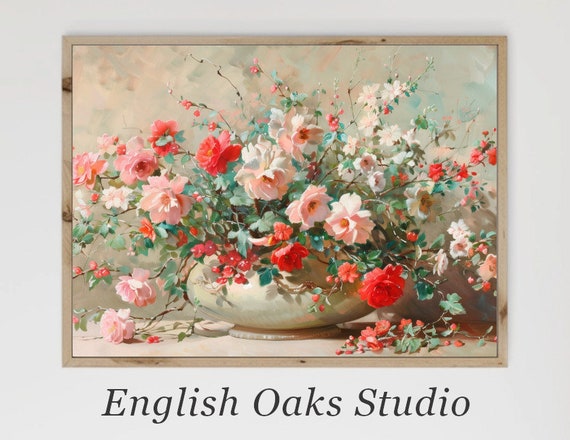 Moody Pink And Red Flower Vase Painting Vintage Flower Still Life Print