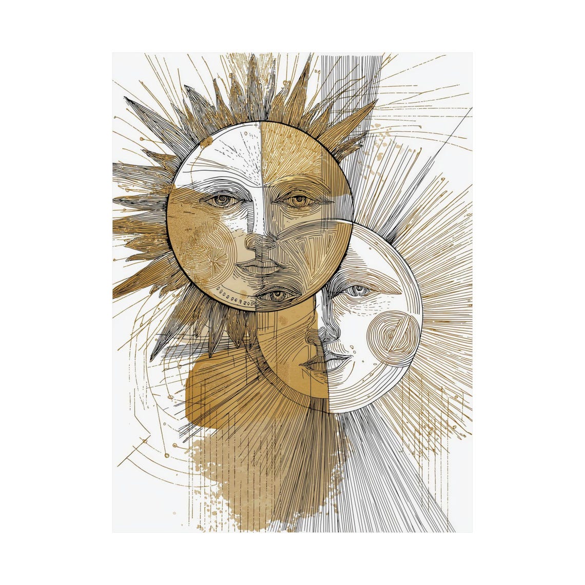 Celestial Sun And Moon Face Boho Art Print