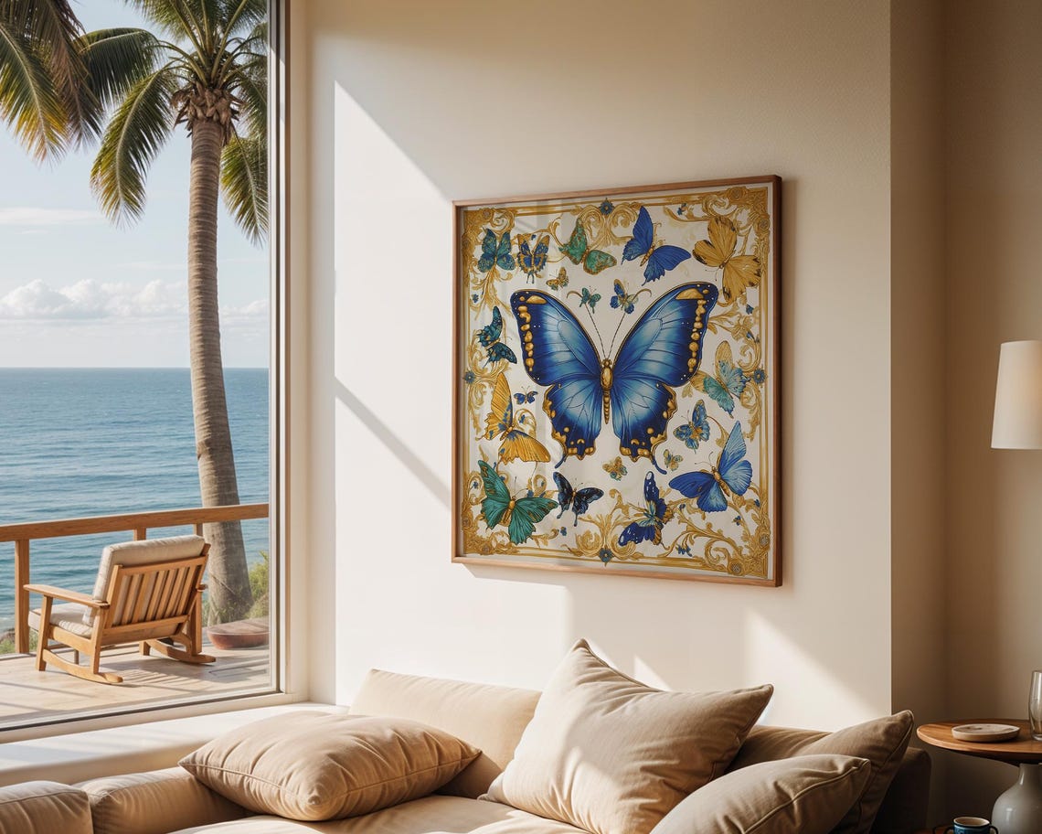 Blue Butterfly Art Print, Hermes Inspired Luxury Decor