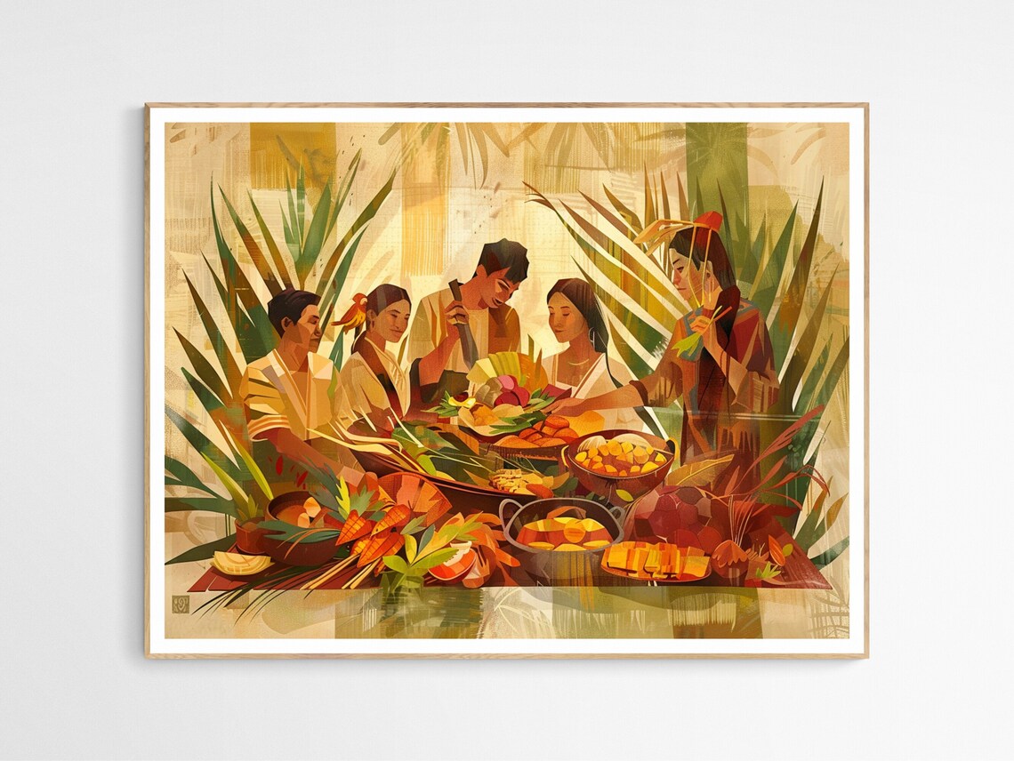Filipino Kamayan Feast Art Print, Cultural Dining Scene