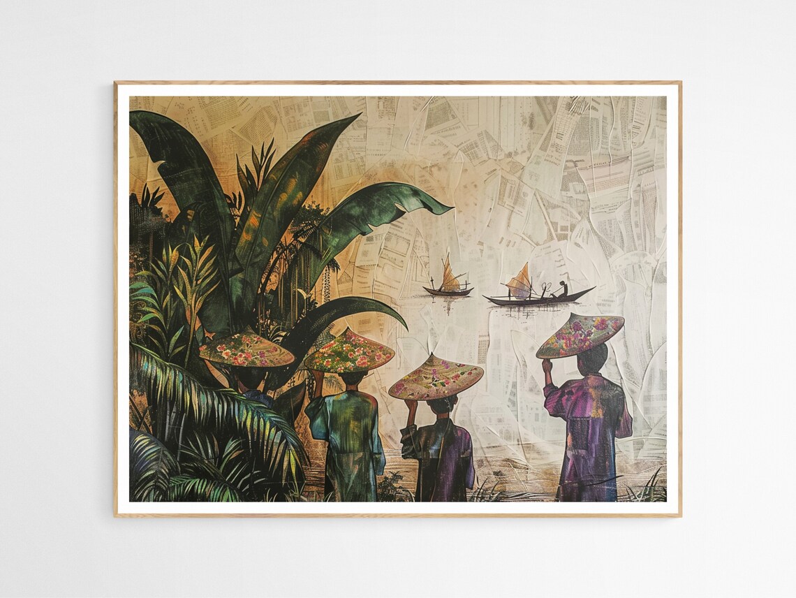 Riverside Villagers Conical Hats Boats Mixed Media Art Poster