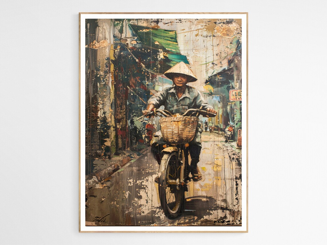 Vietnamese Villager Riding Motorbike Old Town Street Art Poster
