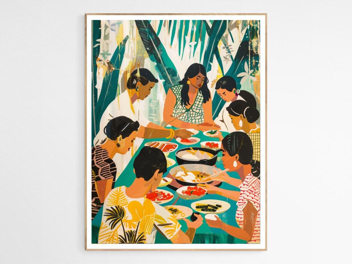 Filipino Kamayan Feast Women Sharing a Festive Meal Cultural Poster