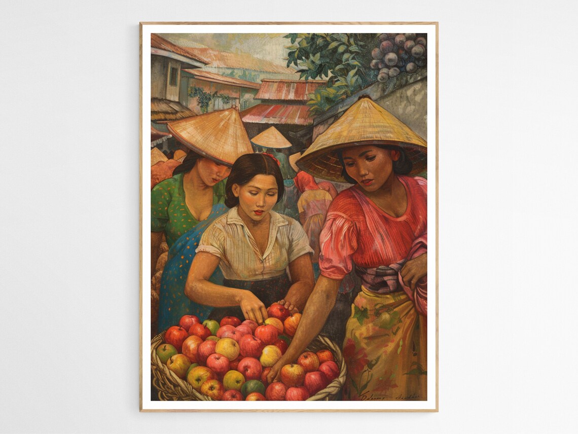 Filipino Market Women With Conical Hats And Apples Colorful Art Poster