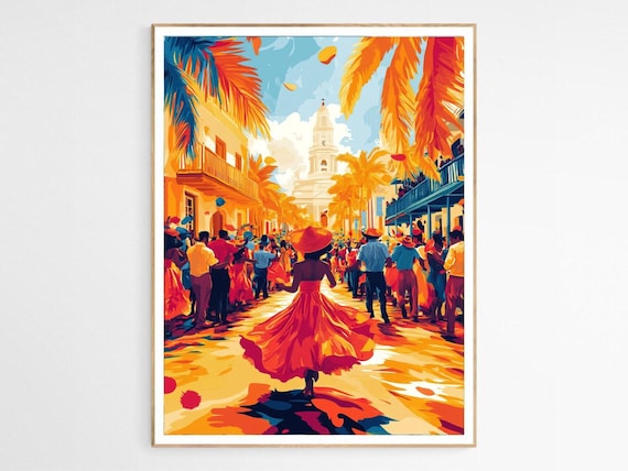 Puerto Rico Street Celebration Art Print, Latin Decor