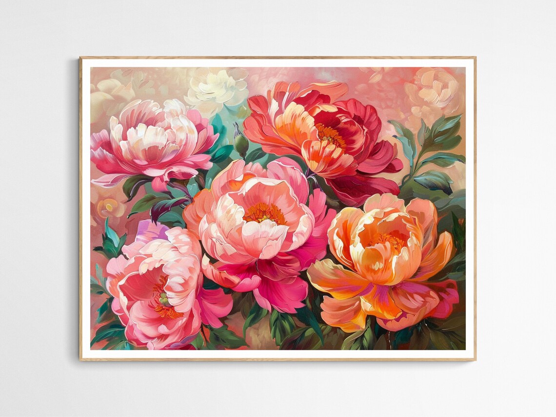 Vibrant Vintage Peonies Coral Pink Painterly Floral Art Poster