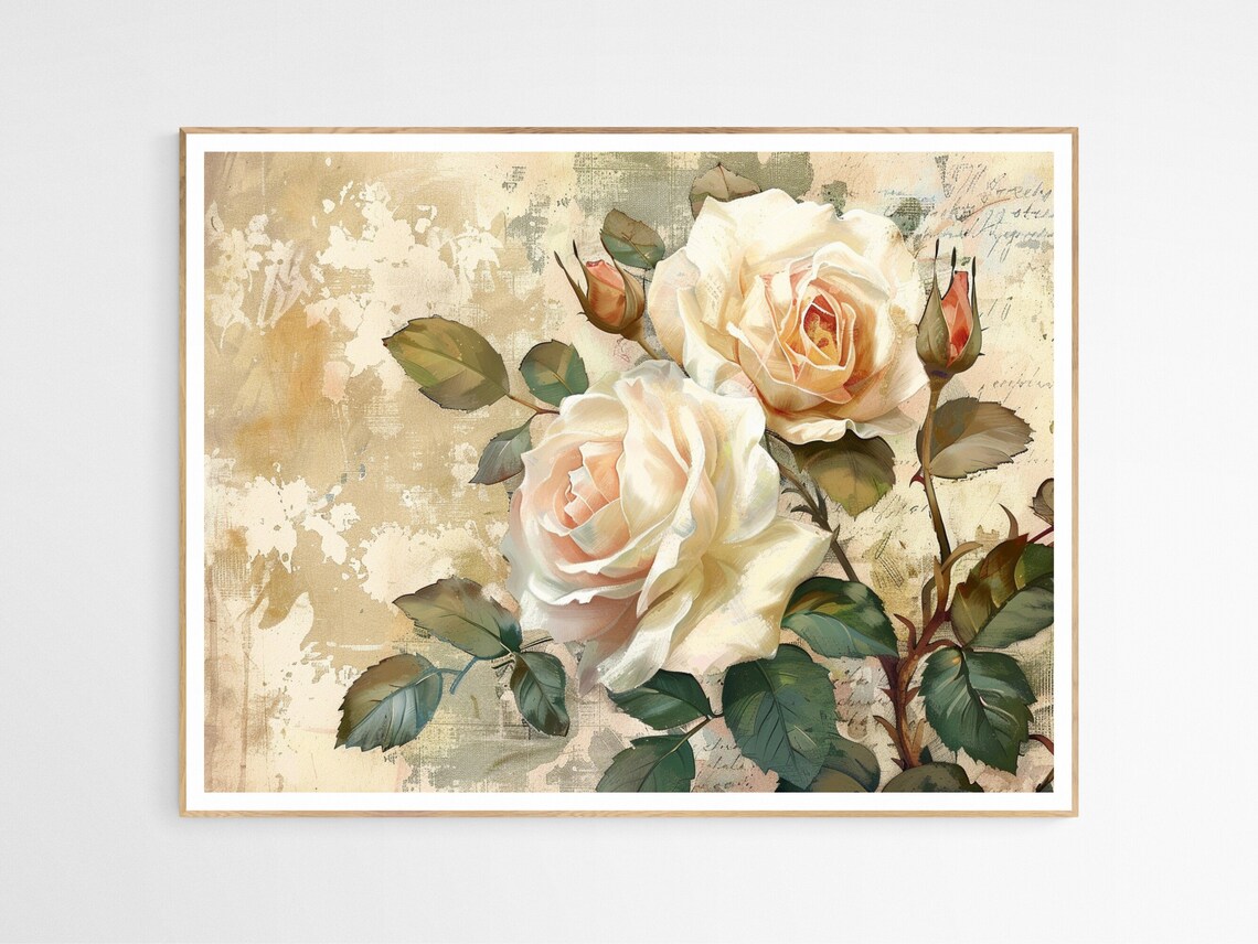 Vintage White Roses Antique Botanical Floral Painting Poster
