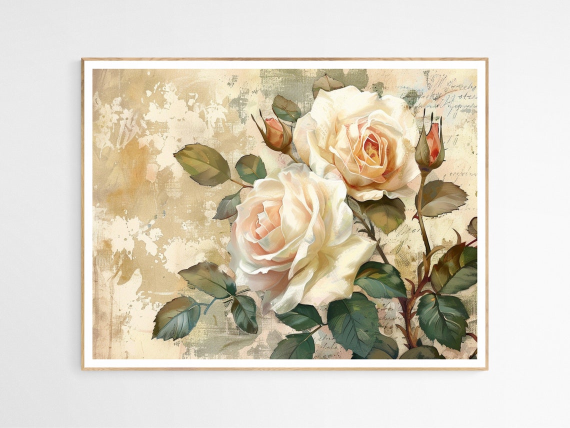 Vintage White Roses Art Print Antique Botanical Bedroom Decor Housewarming Gift Flower