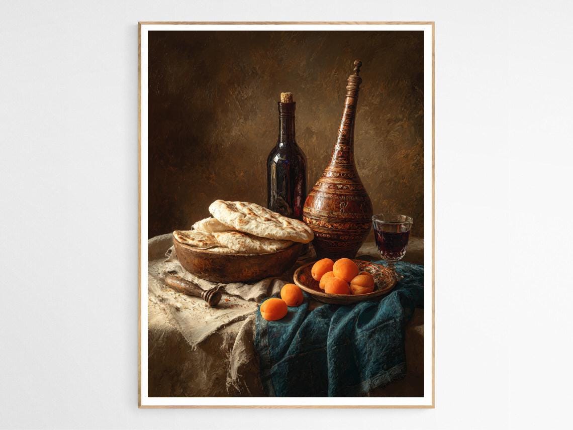 Armenian Lavash Bread Apricots Wine Still Life Kitchen Art Poster