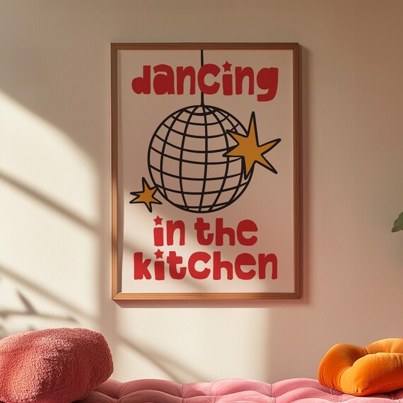 Dancing In The Kitchen Disco Ball Stars Doodle Poster Trendy Wall Art Print Eclectic Mid Century Style Decor Y2k Design Red Pink Yellow