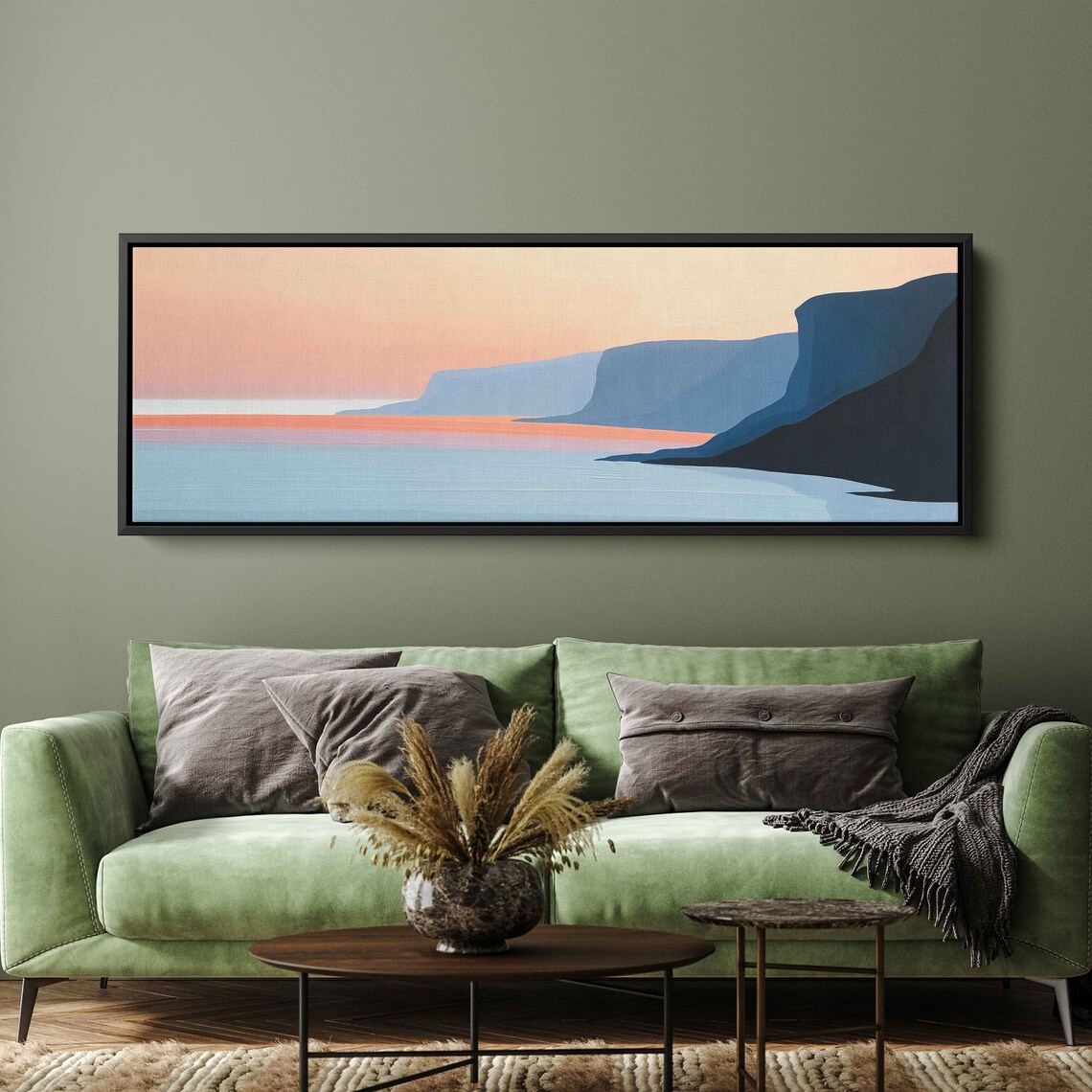 Minimalist Coastal Cliffs Sunset Panoramic Blue Sea Pink Sky Ocean Art Poster - Image 2