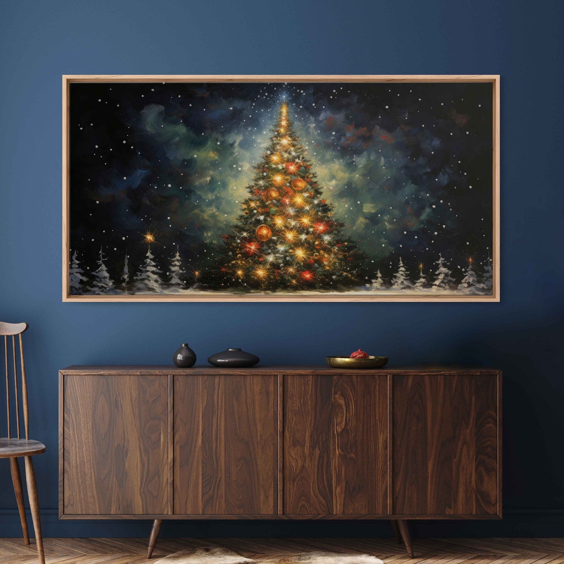 Magical Glowing Christmas Tree Dark Starry Night Painting Poster - Image 3