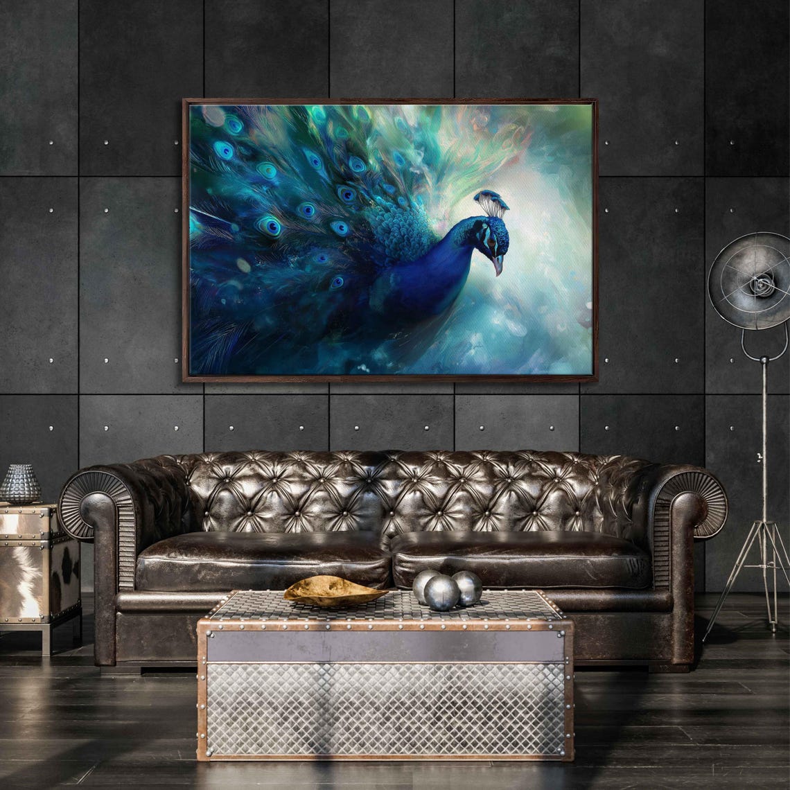 Blue Peacock Swirling Teal Feather Plumes Ethereal Wall Art Print
