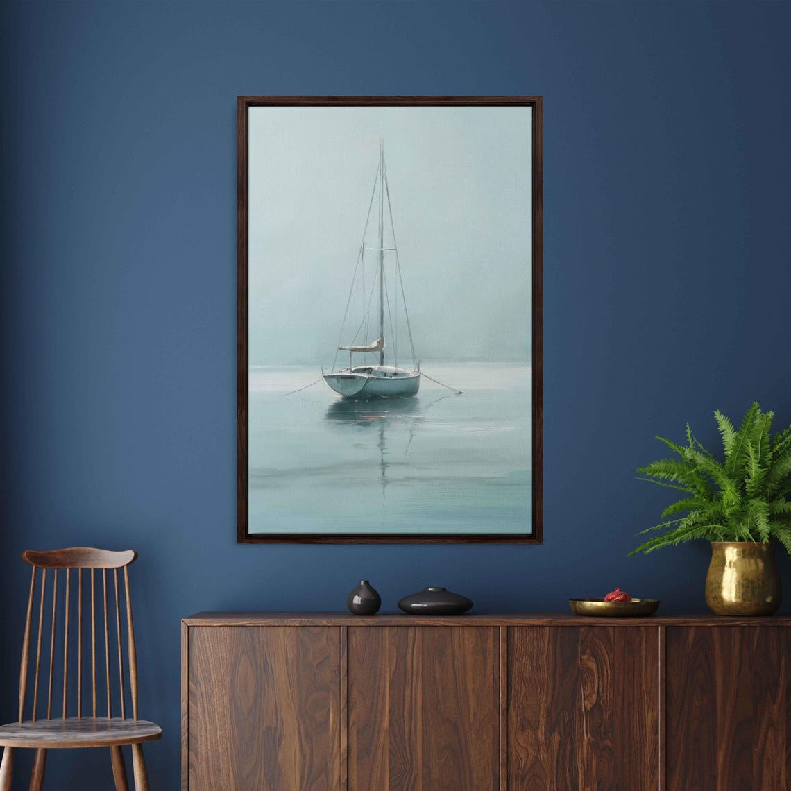 Sailboat Anchored On Misty Mint Sea Foggy Minimalist Art Poster - Image 3