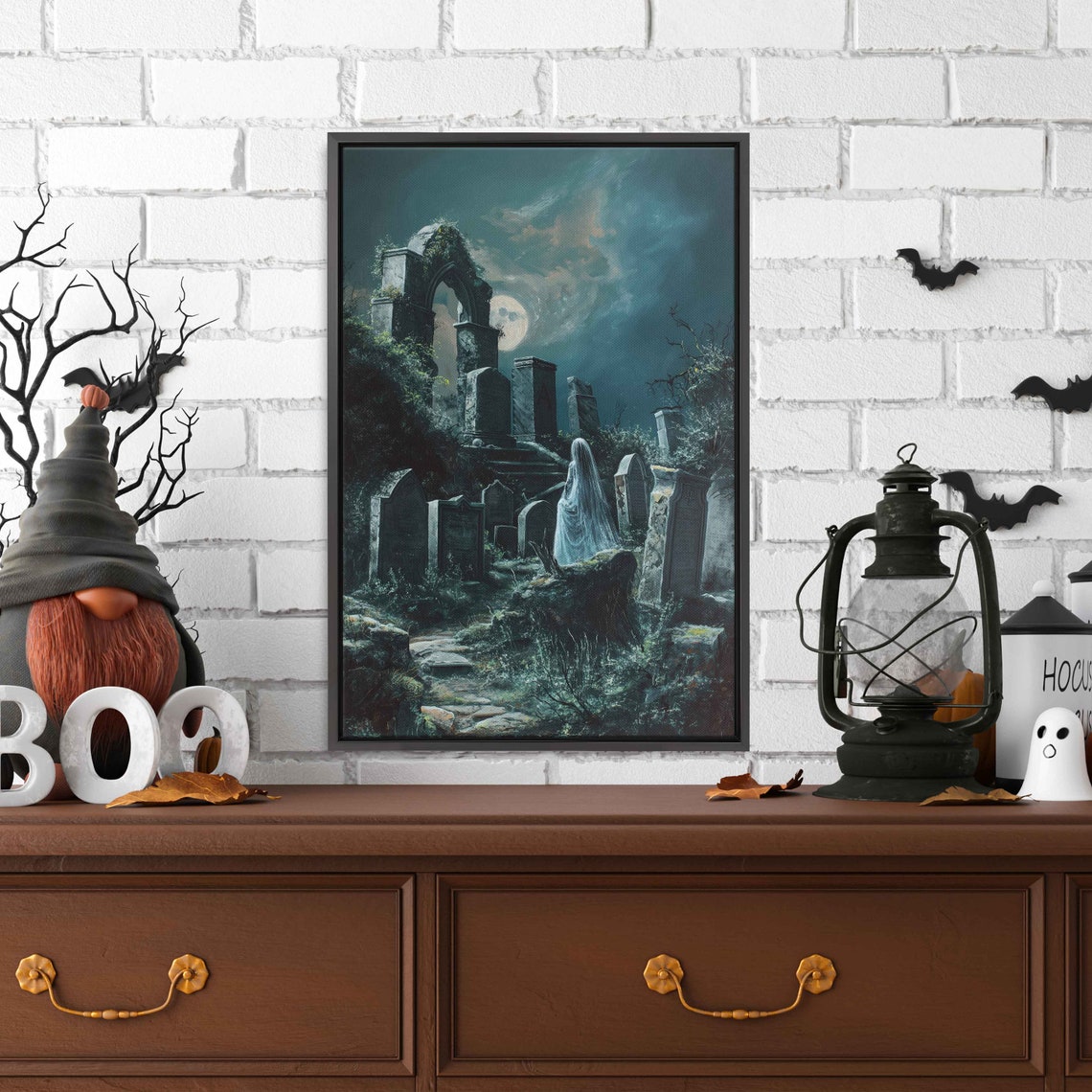 Ghostly Bride In Moonlit Cemetery Ruins Tombstones Spooky Wall Art - Image 3