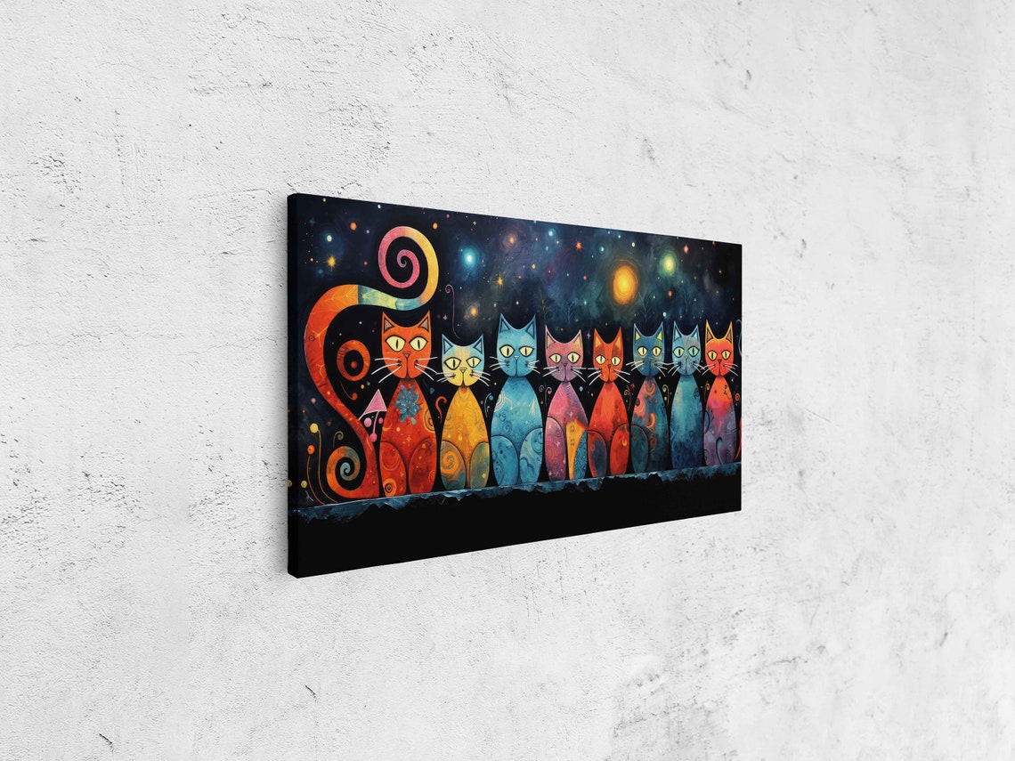 Celestial Colorful Cats Row Starry Night Sky Whimsical Panoramic Print - Image 4