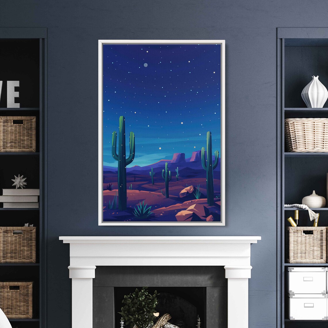 Arizona Desert Starry Night Saguaro Cactus Silhouette Moon Sky Art Poster - Image 2