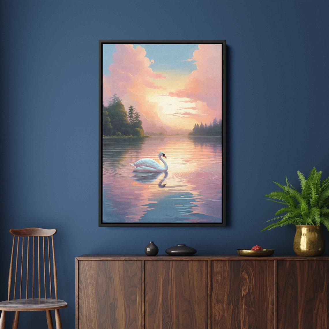 Graceful Serene White Swan Lake Sunset Pink Sky Reflection Poster - Image 2