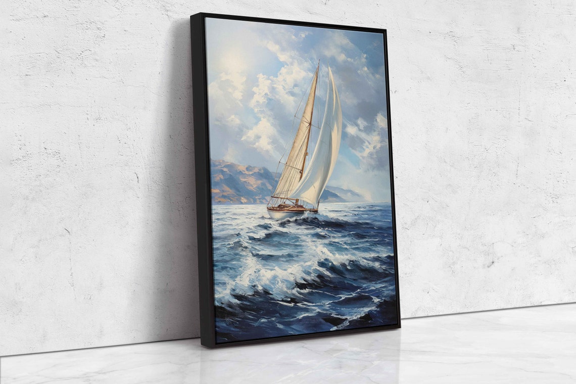 Sailboat Cutting Deep Blue Waves Sunlit Clouds Ocean Sailing Poster - Image 4