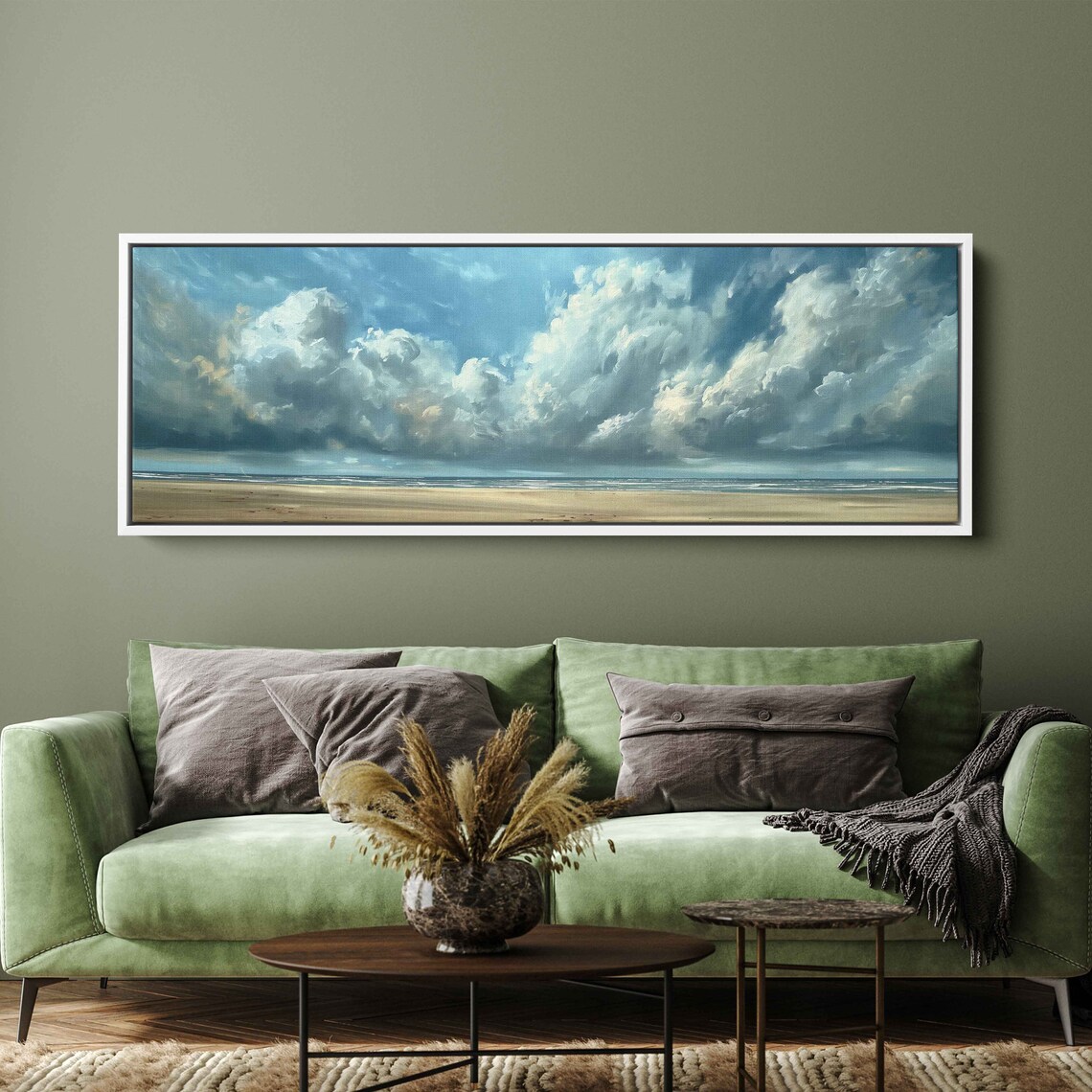 Dramatic Cumulus Clouds Calm Sea Sandy Beach Panoramic Coastal Sky Wall Poster - Image 2