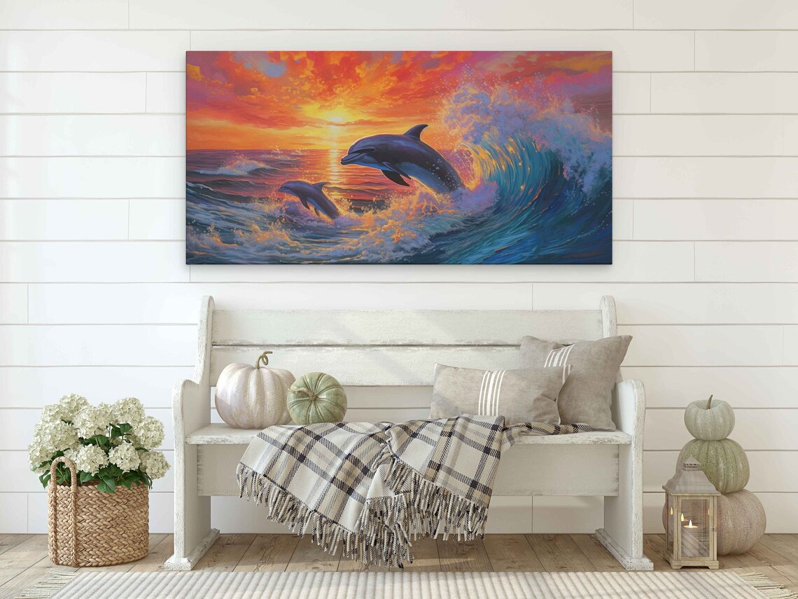 Dolphins at Sunset, Ocean Waves Wall Art Print - Image 2