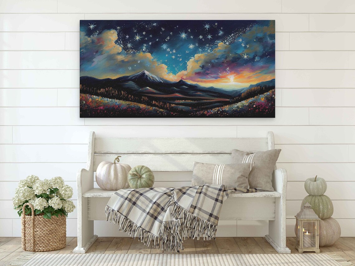 Starry Night Sky Over Snowcapped Mountains Colorful Clouds Oil Painting Travel Poster - Image 4