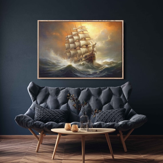 Majestic Tall Ship Stormy Ocean Sunset Sailing Vessel Waves Nautical Print