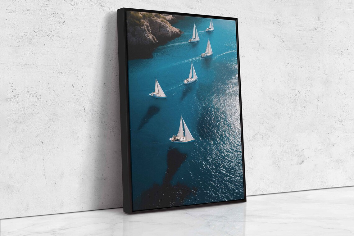 Aerial View Sailboat Regatta Turquoise Water Rocky Cliffs Travel Poster - Image 4