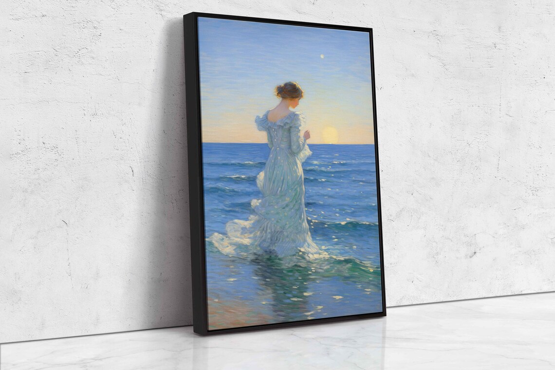 Woman In White Dress Ocean Sunrise Impressionist Painting Coastal Art Print - Image 4