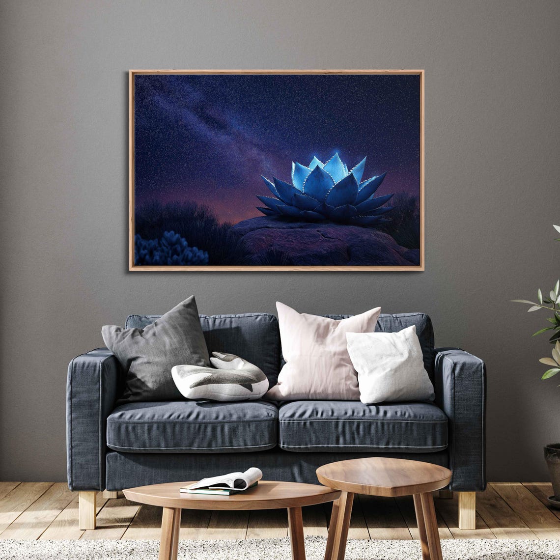 Glowing Blue Agave On Rock Under Milky Way Night Sky Art Poster - Image 3