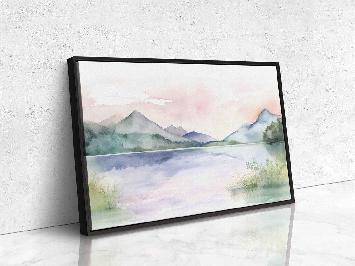 Beautiful Lake Watercolor Mountains In Background Light Neutral Colors Print On Guest Room Decor - Image 4