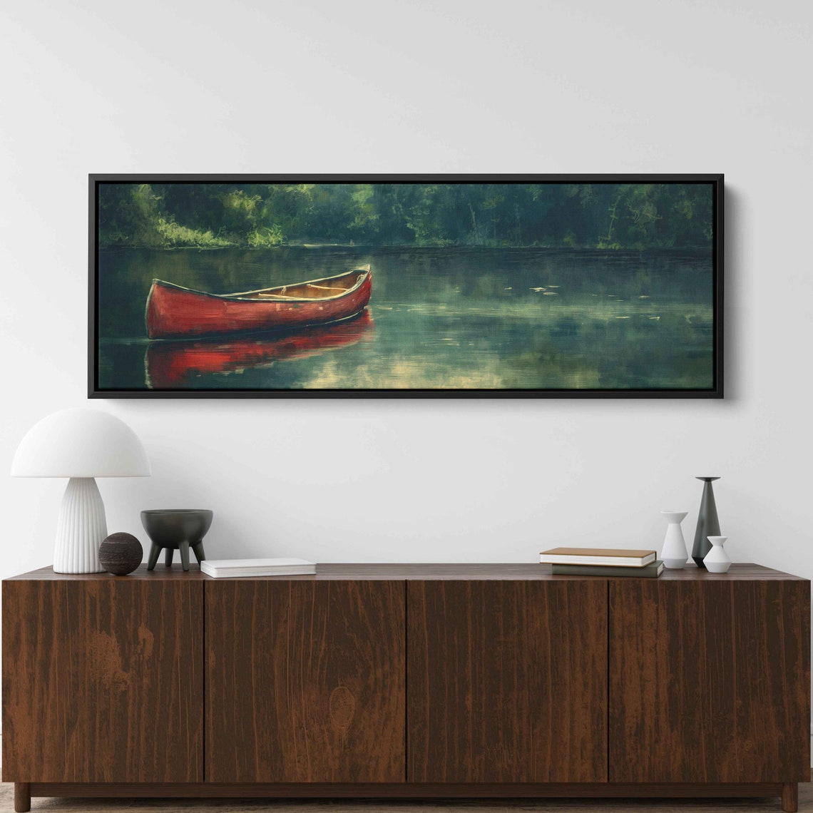 Red Canoe Still Lake Dark Green Forest Reflection Moody Nature Poster - Image 3
