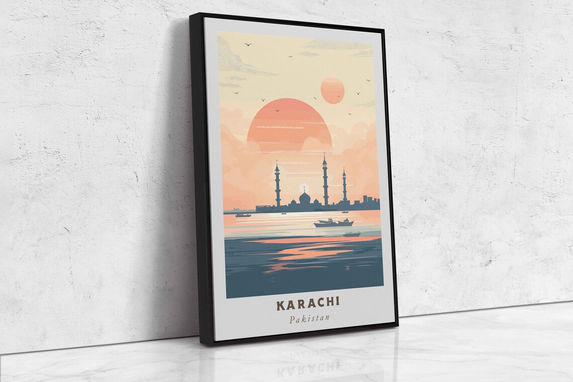 Karachi Pakistan Grand Mosque Seaside Sunset Minimalist Travel Poster - Image 2