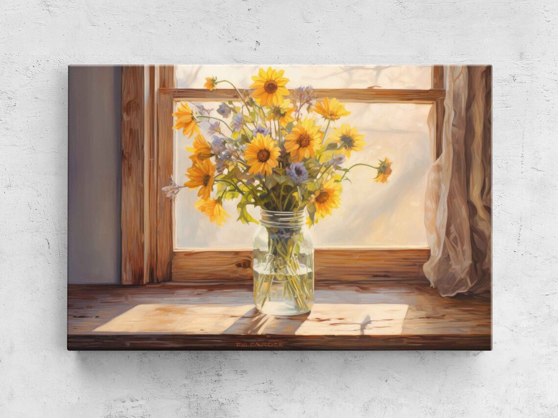 Flowers in Mason Jar, Rustic Floral Art Print