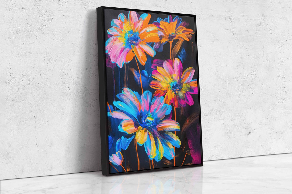Neon Daisies Black Canvas Blue Pink Orange Blooms Painting Poster - Image 4
