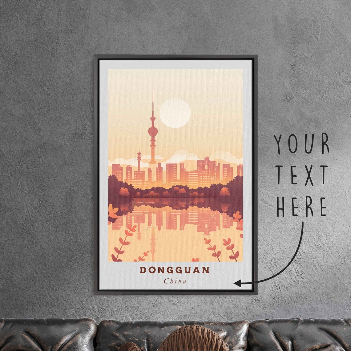 Dongguan China Sunset Skyline Tower Water Reflection Travel Poster