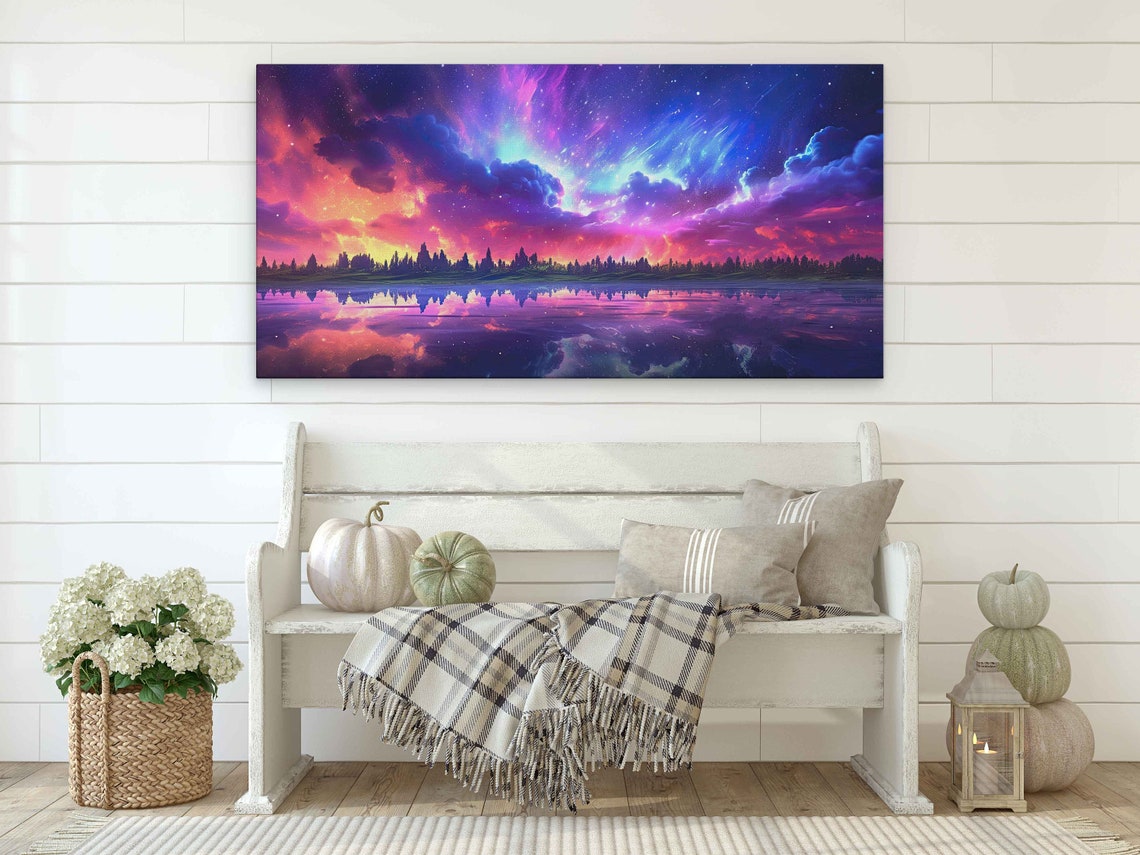 Stunning Cloudy Night Sky Over Lake With Detailed Reflections And Aurora Borealis Print On Ready To Hang - Image 4