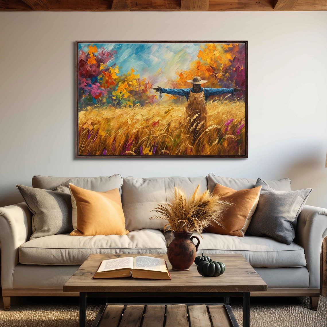 Scarecrow In Golden Wheat Field With Colorful Autumn Trees Poster