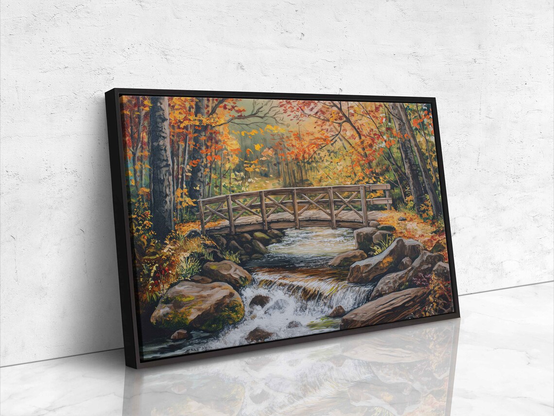 Wooden Footbridge Over Rocky Autumn Stream Oil Painting Poster - Image 4