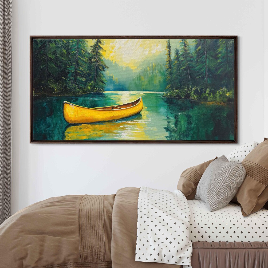 Bright Yellow Canoe on Serene Lake Art Print