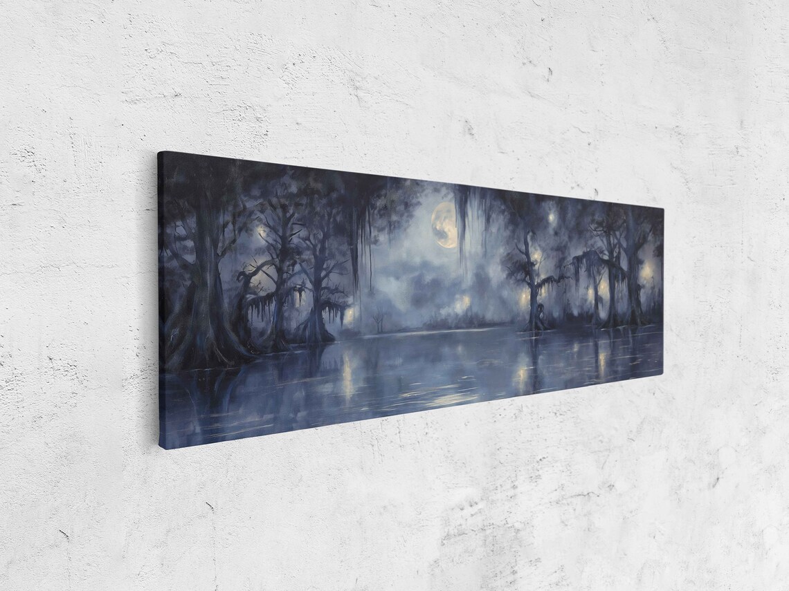 Moonlit Bayou With Gnarled Willow Trees Foggy Swamp Night Wall Art - Image 4