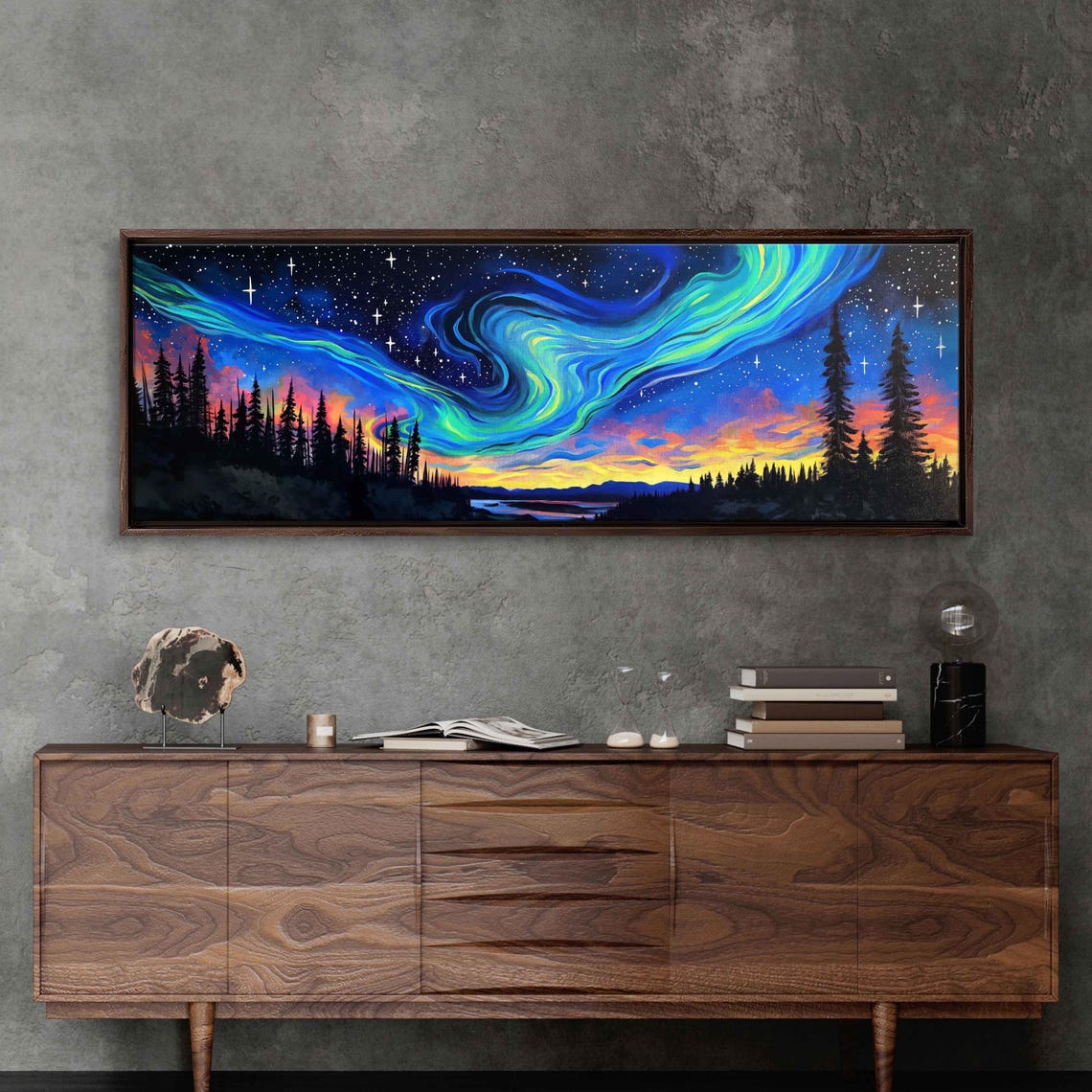 Northern Lights Aurora Ribbons Over Dark Pine Forest Sunset Sky Poster - Image 3