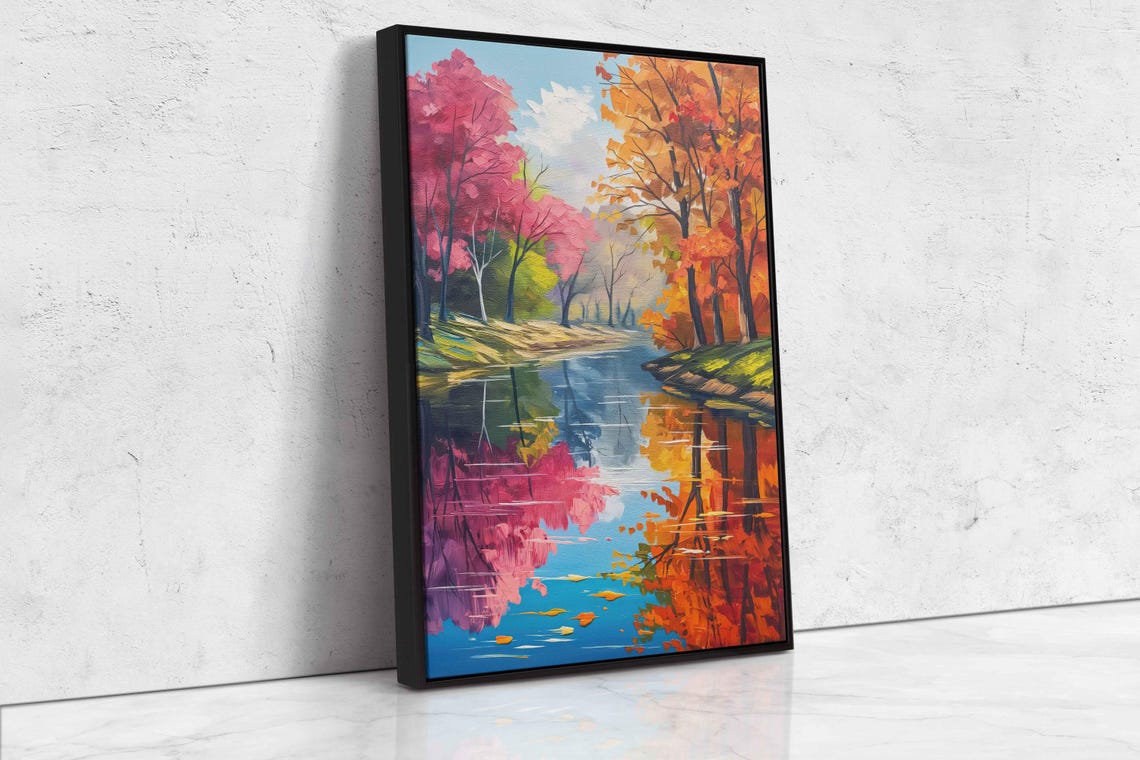 Colorful Autumn Trees Reflected In Calm River Water Painting Poster - Image 4