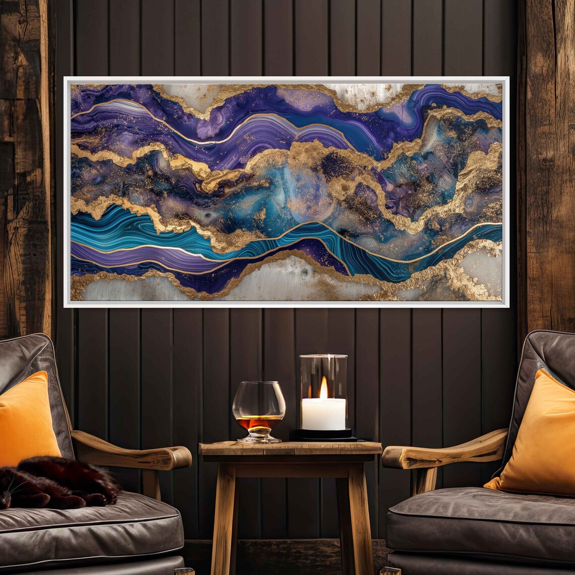 Blue Purple Marble Geode Gold Trim Abstract Epoxy Luxury Panoramic Art Poster - Image 2