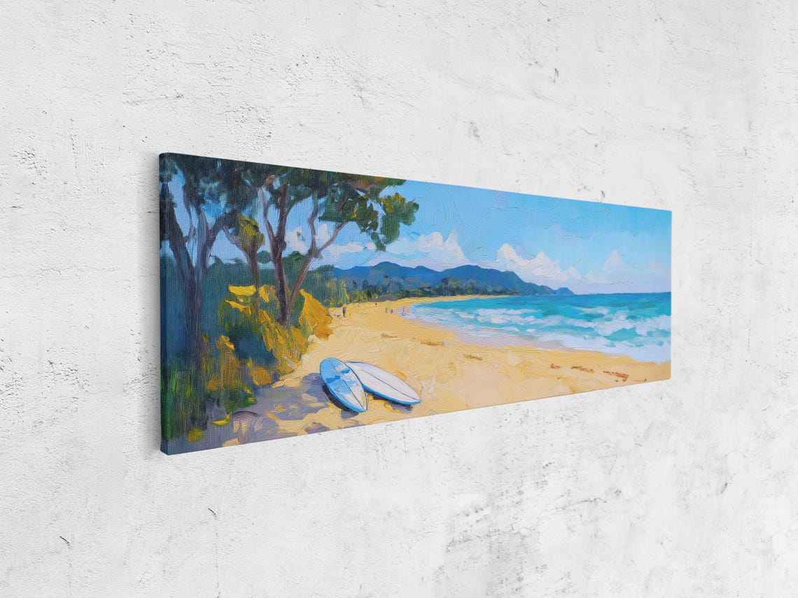 Golden Beach Surfboards Turquoise Waves Hills Oil Painting Surf Poster - Image 4