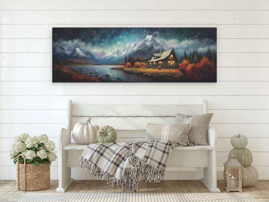 Log Cabin by Alpine Lake Starry Aurora Night Snowy Peaks Poster - Image 2
