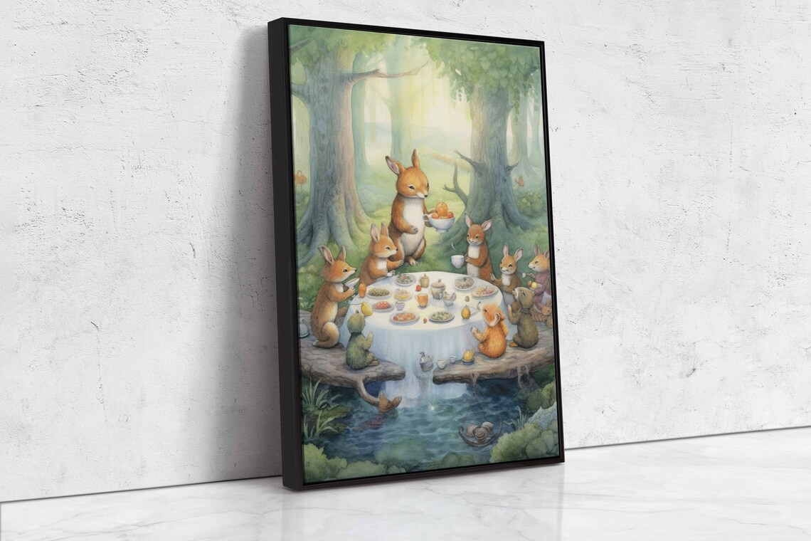 Bunny Tea Party Forest Gathering Watercolor Cute Rabbit Woodland Art - Image 4
